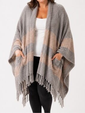 Barefoot Dreams Gray and Tan Women's Poncho One Size Plus
